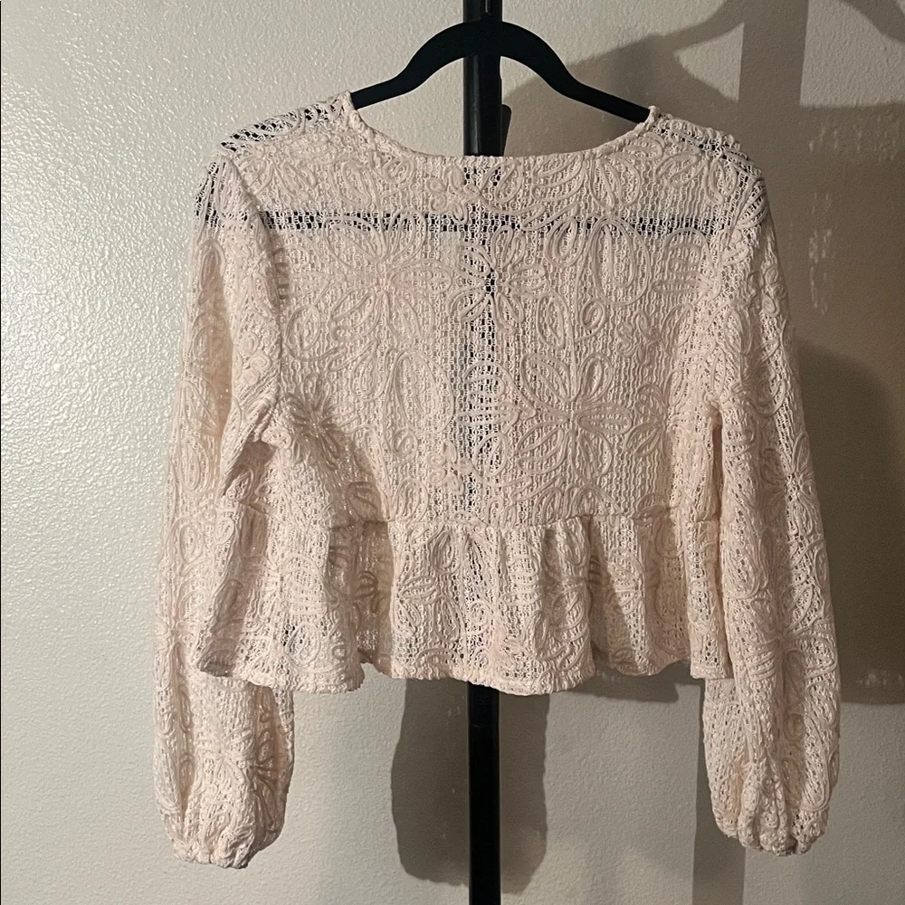 SHEIN Cream Lace Peplum Blouse with Back Ties